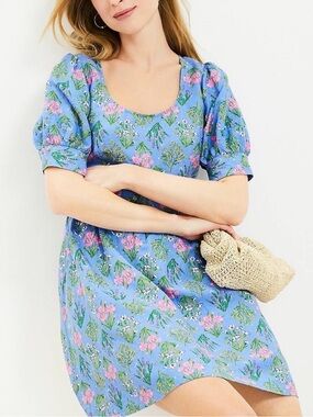 NWOT LOFT Blue Floral U-Neck Periwinkle Blue Puff Sleeve Linen Blend Dress